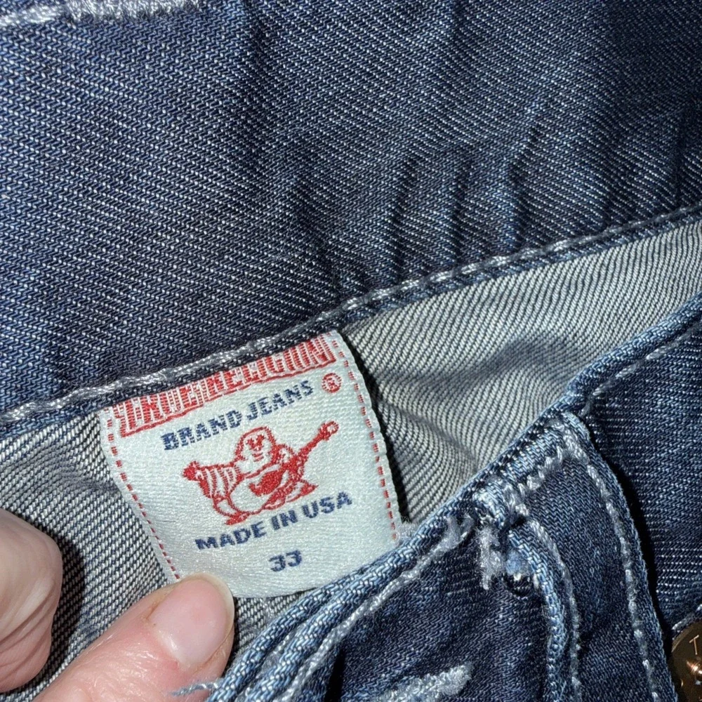 True Religion Mens Straight Leg Jeans Dark Wash Contrast Stitch Size 33 USA Made